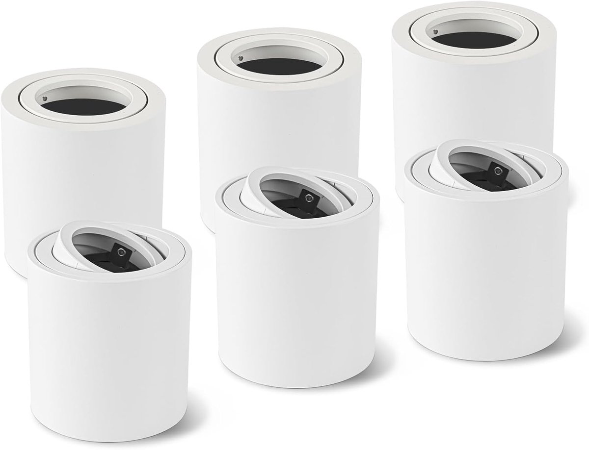 Plafondspots, draaibaar, wit, 6 stuks, opbouwspot, 230 V, frame met GU10 ledfitting, platte verlichting, aluminium, rond, plafondlamp, badkamer
