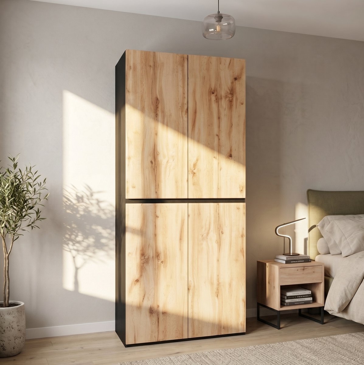 STILVORA Kledingkast - Houtlook Met Vier Deuren En Sieradenlade - Voor Slaapkamer, Hal Of Kantoor - MDF En Spaanplaat - 90x50x200 Cm - Houtkleur En Zwart
