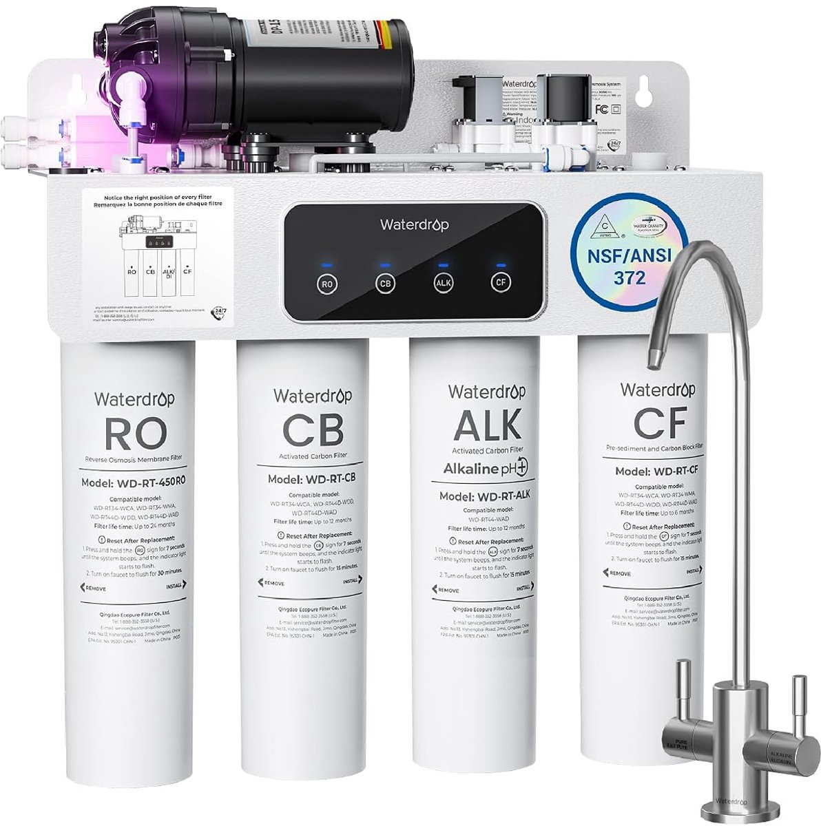 Waterfilter onder de gootsteen 50L x 40.5B x 23.5H cm, 10-traps filtratie, UV-indicator, 450 GPD flow, tankloos ontwerp, EU-stekker door Industrohome