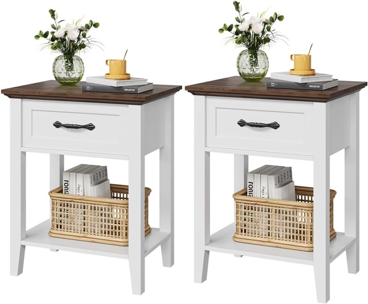 Danky Nachtkastjes Set van 2 Betongrijs 50x40x60cm - Bijzettafel met Lade - Wit