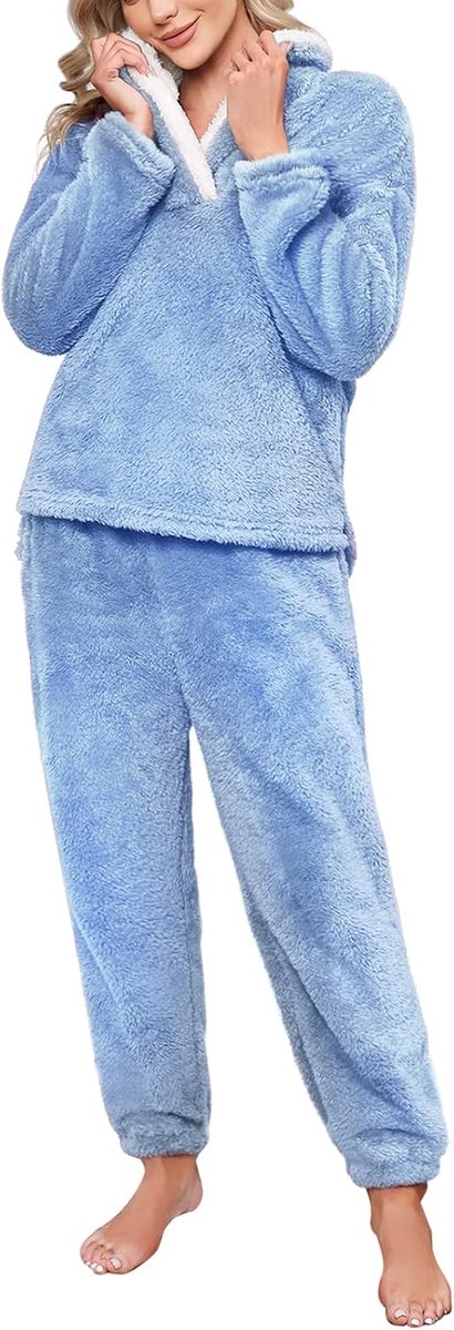Pyjama voor dames, winter, fleece, pyjamaset, fleece, warm en zacht, lange mouwen, revers, pyjama
