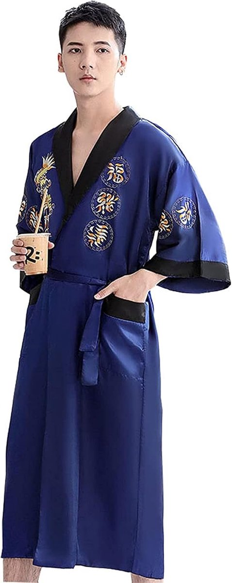 Badjas, uniseks, kimono, Japans, Chinees, draak, pyjama, cardigan, kimonos, ochtendjas van satijn, badjas, Blauw, XXL