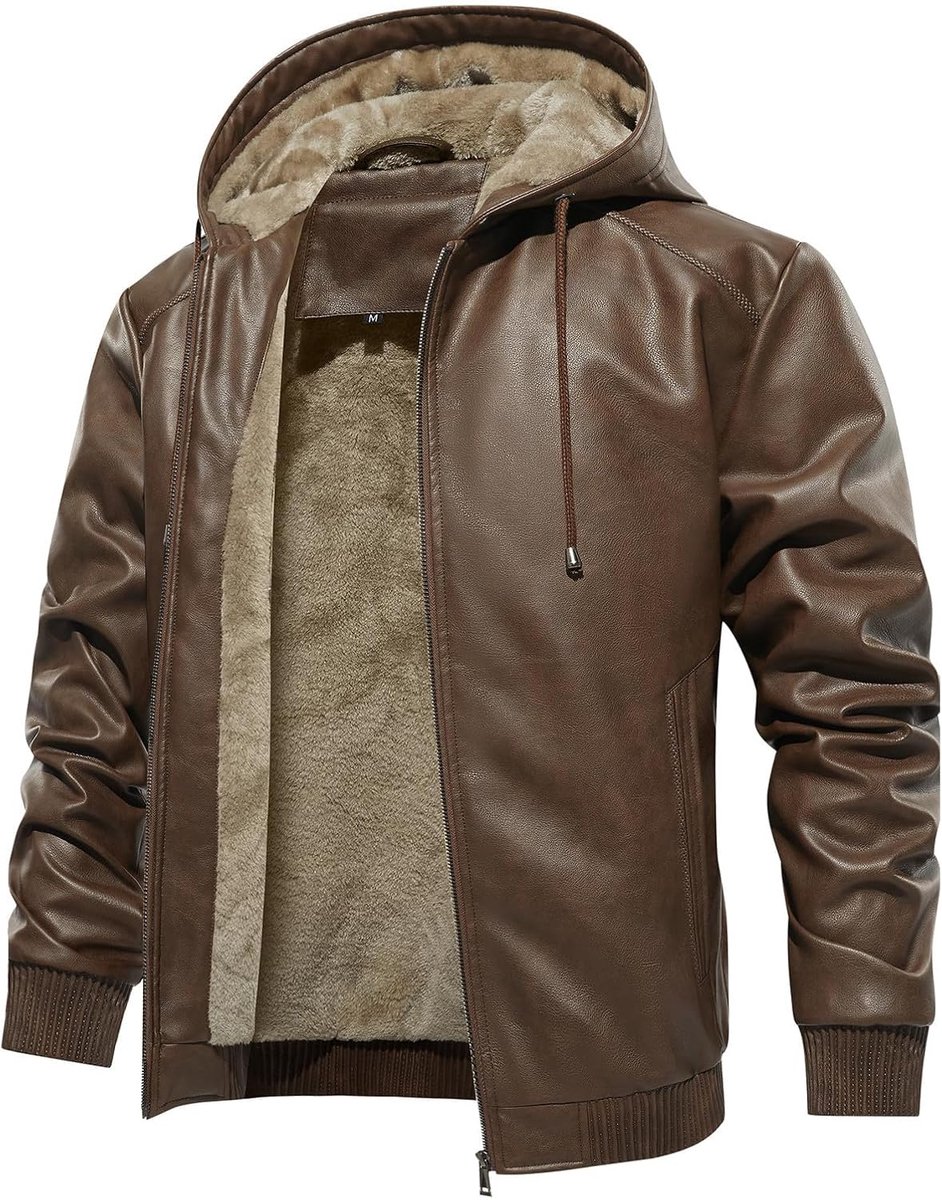 Winterjas voor heren, lederen jas, warm gevoerd, kunstleren jas met capuchon, winddicht, outdoor, motorjas met ritssluiting