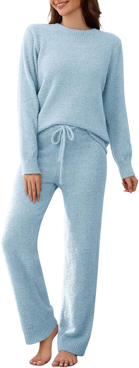 Pyjama sets winter 2-delige fleece pyjama gebreide Co Ord trainingspak set dames loungewear lange mouw pluche outfit nachtkleding ronde hals pullover top trekkoord broek