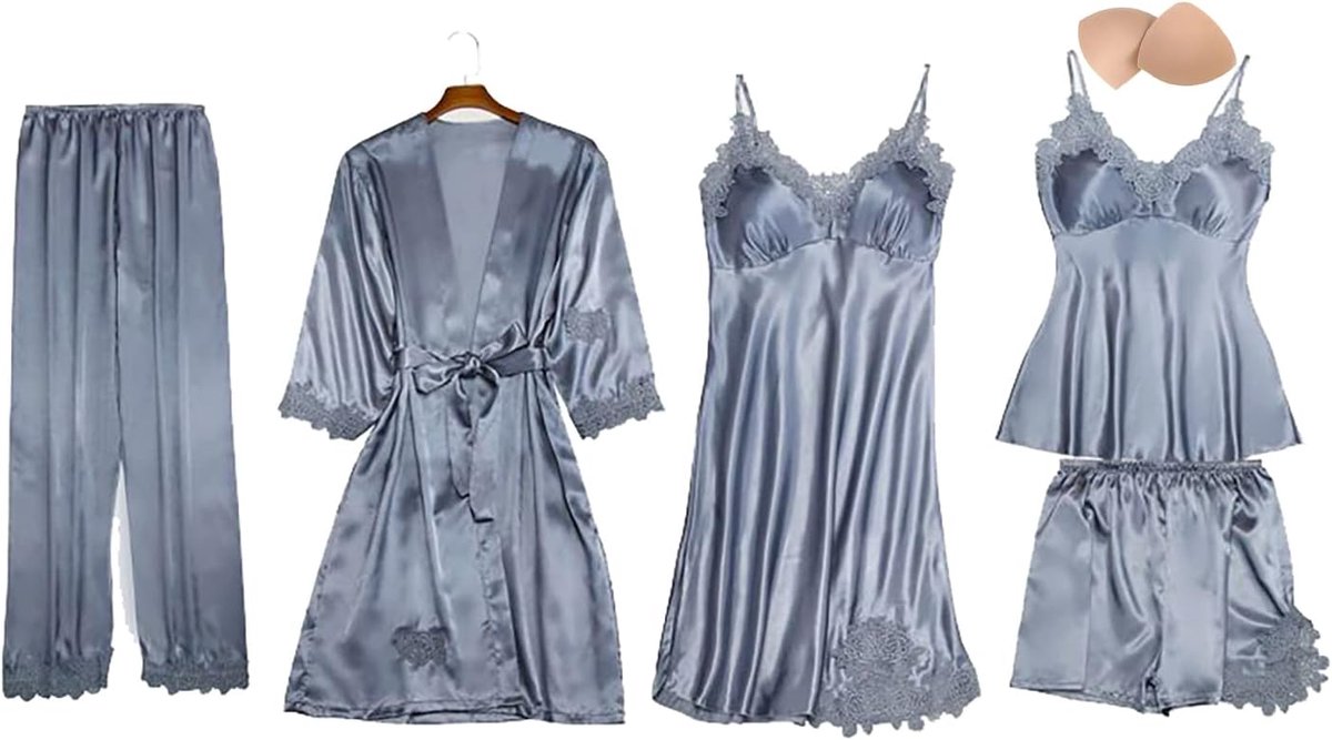 5-delige satijnen pyjamaset, kanten kimono, robe pyjamaset, sexy negligé, shorts en lange broek, nachthemd, 5-delige set, met borstvulling