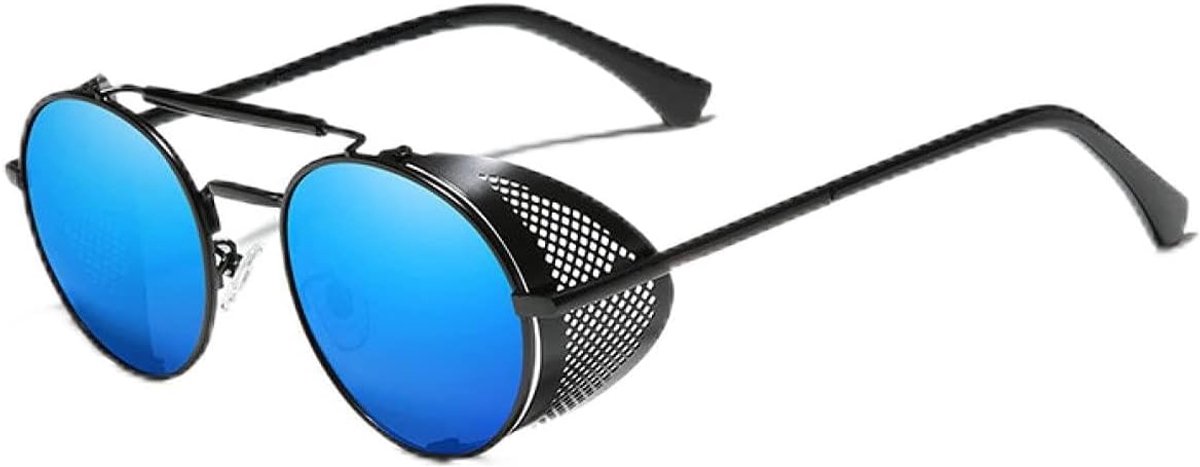Ronde Steampunk Zonnebril Mannen Retro Vrouwen Zonnebril Shades Vintage Travel Eyewear-Zwart Blauw