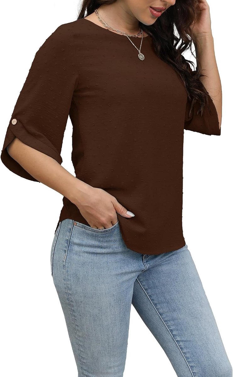 Blouse voor Dames, Ronde Hals, Modieus Casual T-shirt met 3/4 Mouwen Loose Elegant Top Zomer