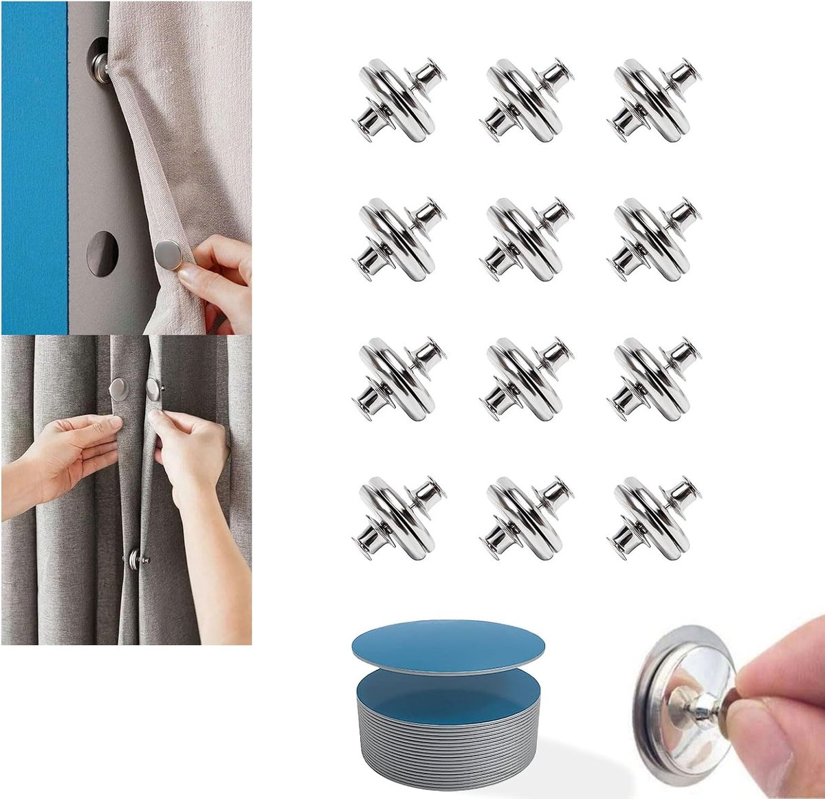 24 stuks premium gordijnmagneetclips, sterke grip, stijlvolle rugspijkers en gespen, gordijngesp met zelfklevende patches, muurzelfklevende zijhouders zonder boren - verfraaien thuis, slaapkamer en