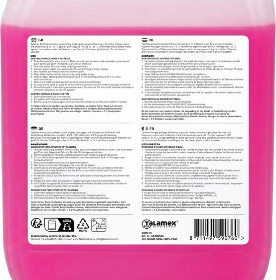 Achterkant van een Talamex antivries jerrycan met productinformatie in het Engels, Duits en Frans.