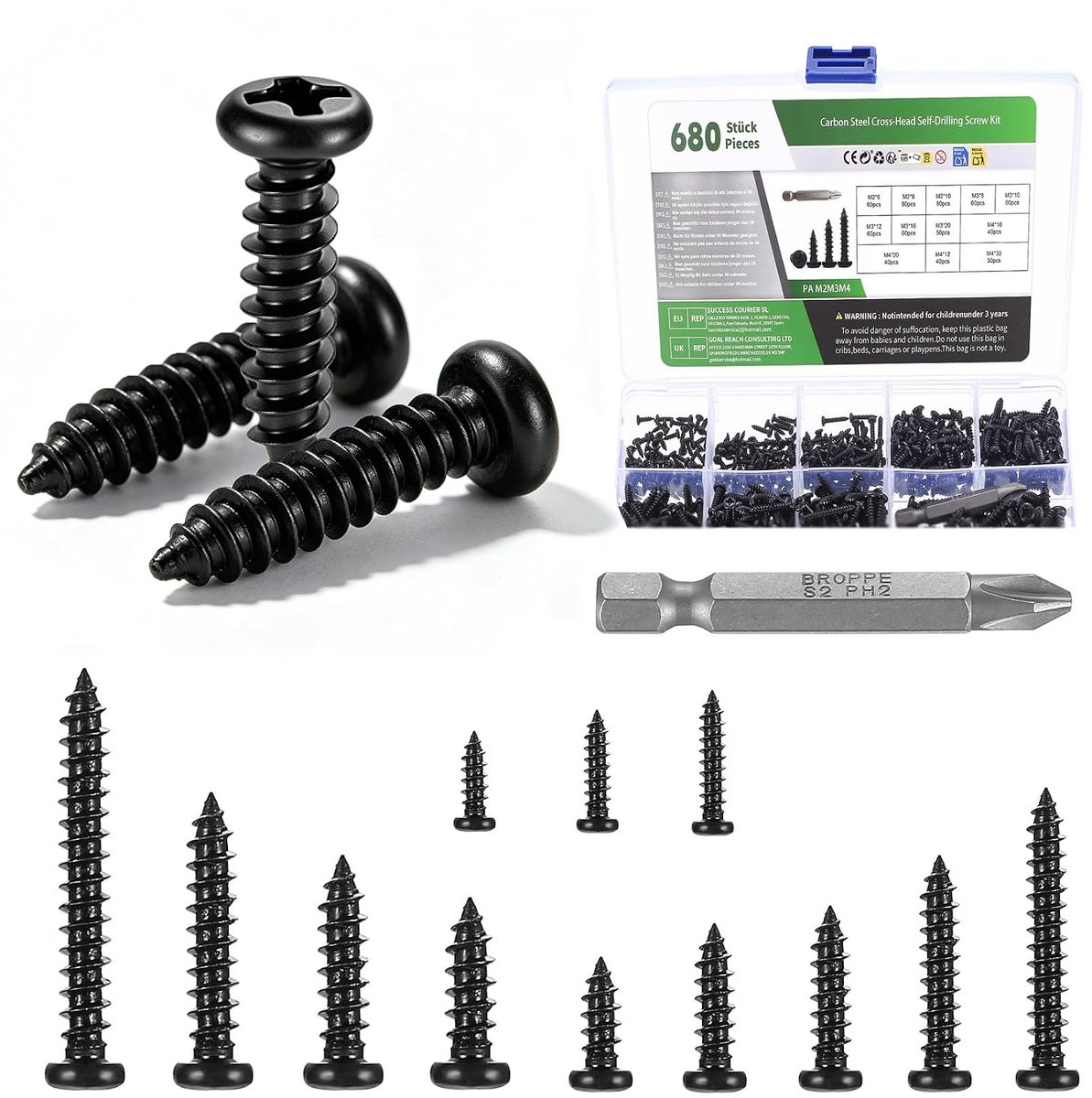 680 stuks zelftappende schroeven metaal, M2 M3 M4 houtschroeven assortiment set, zelfborende kruis ronde kop - ShopVlot