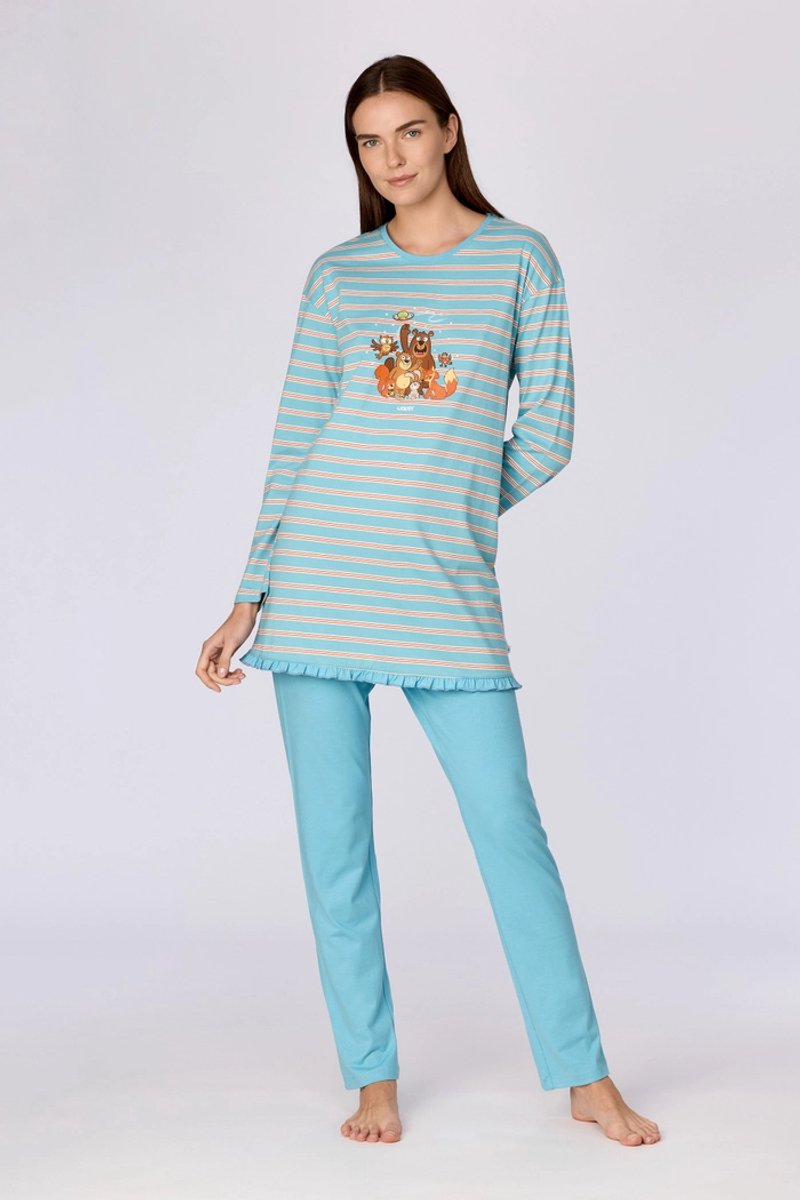 Woody pyjama dames - turquoise gestreept - dierenprint - 262-10-BLB-S/904 - maat L