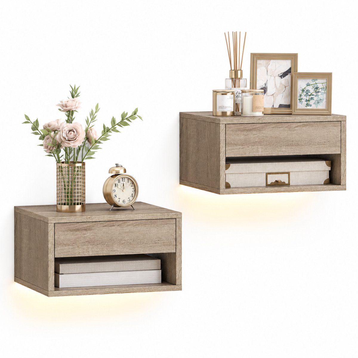 MokoHub Zwevende Nachtkastjes Set van 2 - LED-Verlichting - App-Bediening - Lade en Open Plank - 37x32x21 cm - Naturel