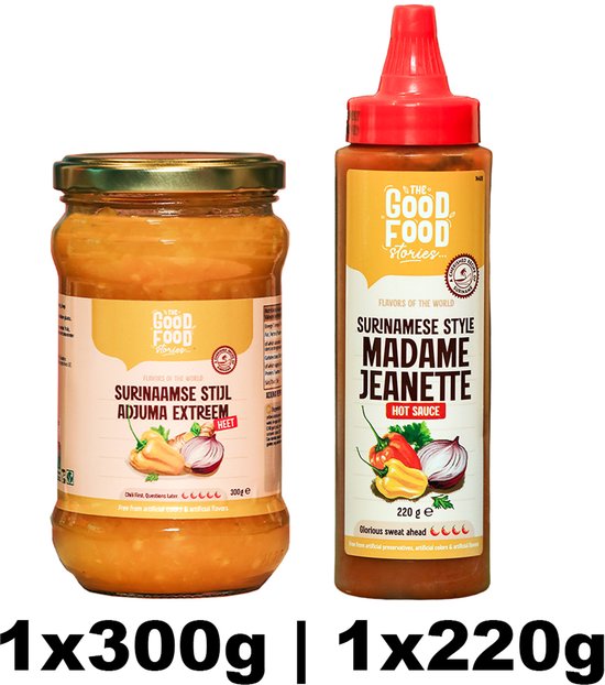 Glazen pot met Surinaamse Adjuma sambal en oranje fles met Madame Jeanette hot sauce.