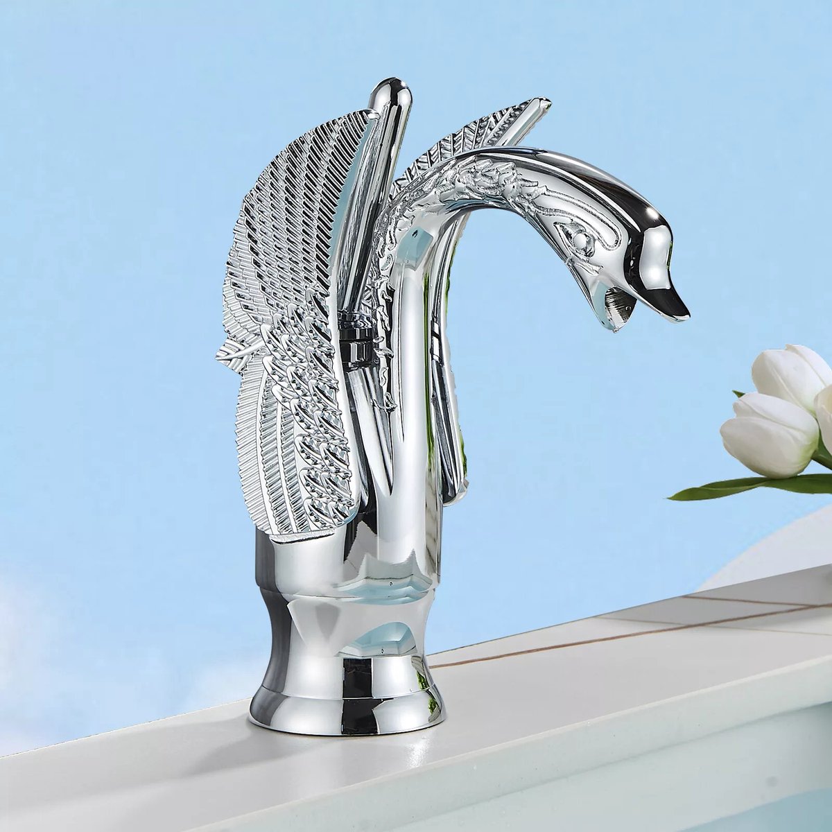 Wastafelkraan Zwaan Vorm Chroom, Decoratieve Badkamer Mengkraan, Keramische Cartridge, 19cm Hoogte, Luxe Sanitair