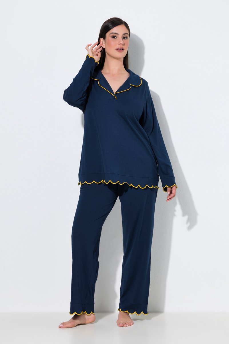 Ulla Popken Dames - Pyjama sierpaspels reverskraag lange mouwen modalmix - Nachtblauw - Maat 62+