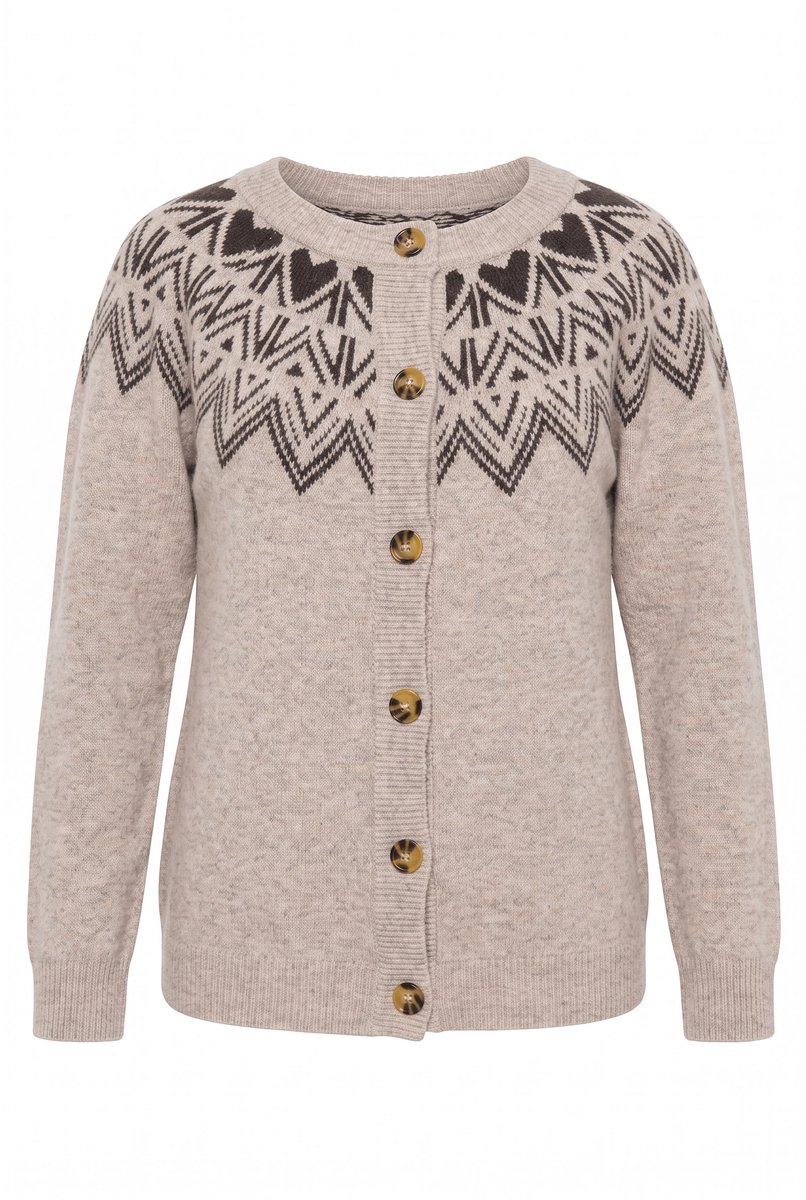 Ulla Popken - Dames - Vest Noors patroon ronde hals lange mouwen - Beige gemêleerd - Maat 62+