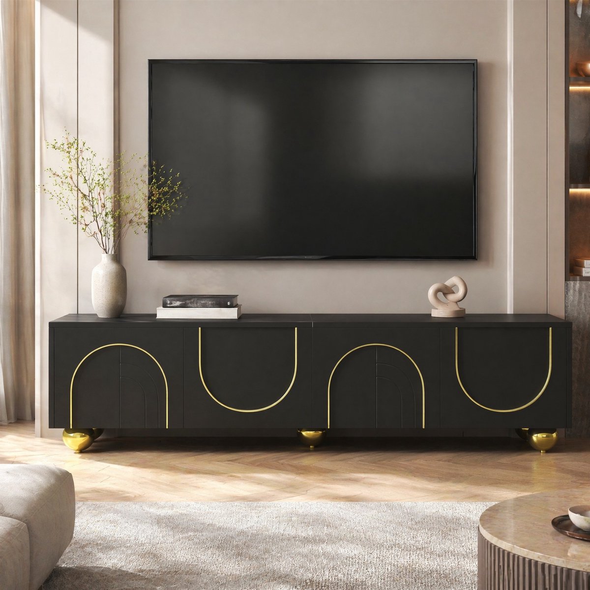 WUVRIE TV-meubel 170 x 38 x 44 cm - 4 deuren, planken en push-to-open - Zwart/goud