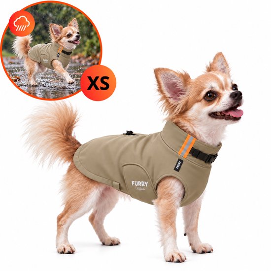 Chihuahua in een beige softshell jas met oranje reflecterende strepen en "FURRY Original" logo, bijpassende kleine regenjas met reflecterende strepen.