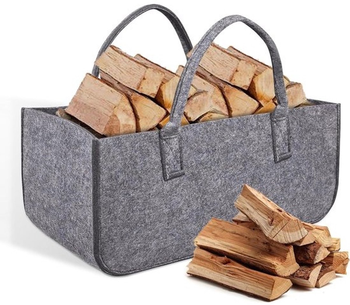 Haardhoutopslag - opvouwbare vilten tas met handvat - grote boodschappentas - houten mand 50 x 25 x 25 cm - grijs - multifunctioneel - krantenmand