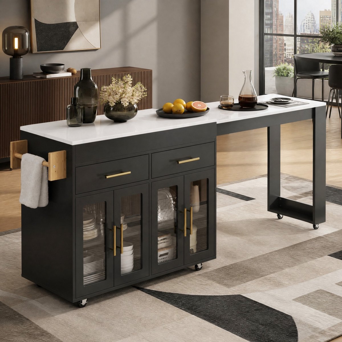 WUVRIE Keukeneiland 132,5–217 x 50 x 93 cm - Uitschuifbare bartafel, laden en glazen deuren - Zwart/wit marmer