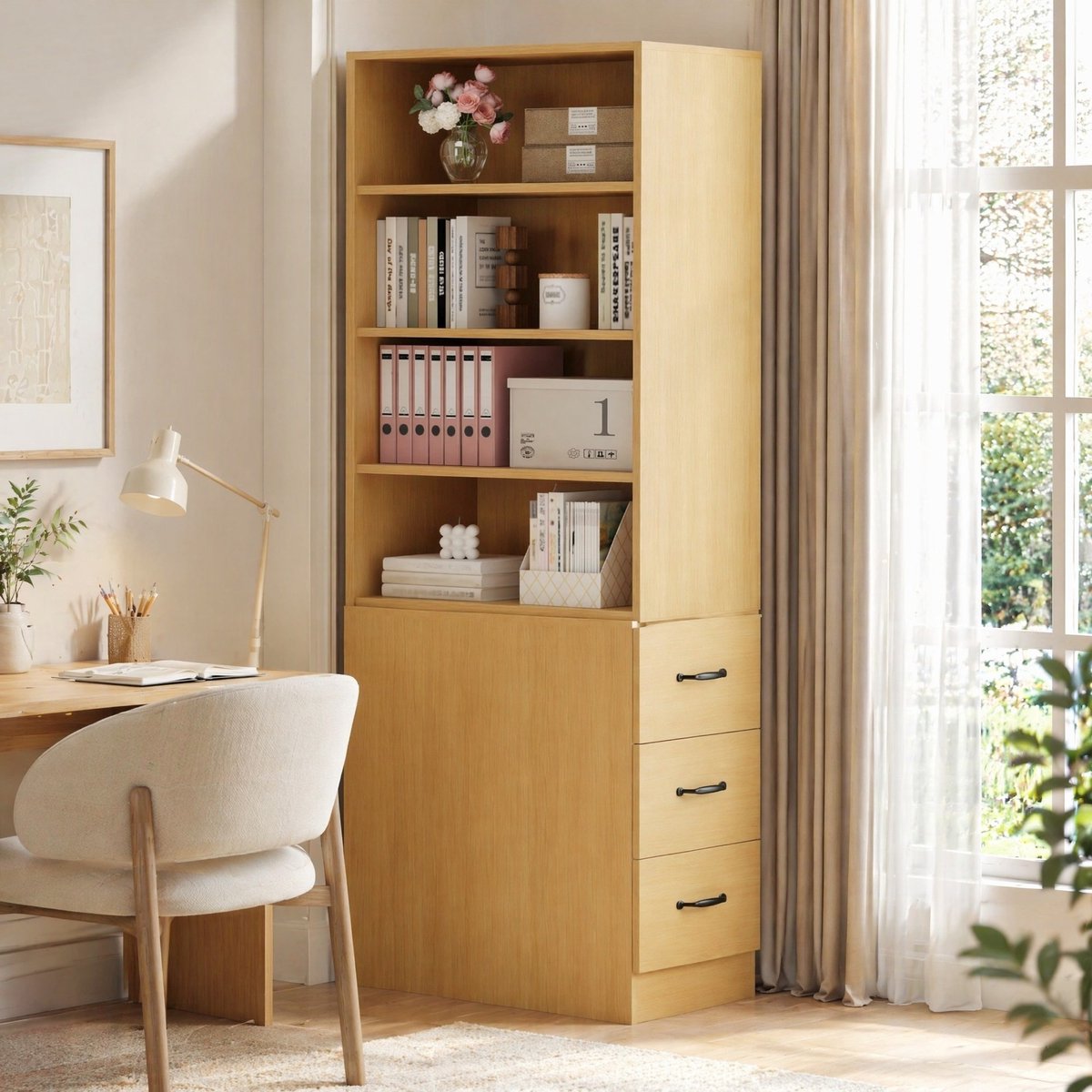 WUVRIE Boekenkast 60 x 38 x 180 cm - 4 open vakken, 3 laden en verstelbare planken - Eiken Oak