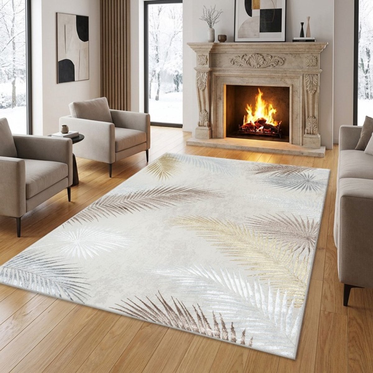 TapisTrend Designer tapijt Crème 80x300 cm Modern vloerkleed met grote, veelkleurige palmbladeren voor de woonkamer, slaapkamer en eetkamer Beige