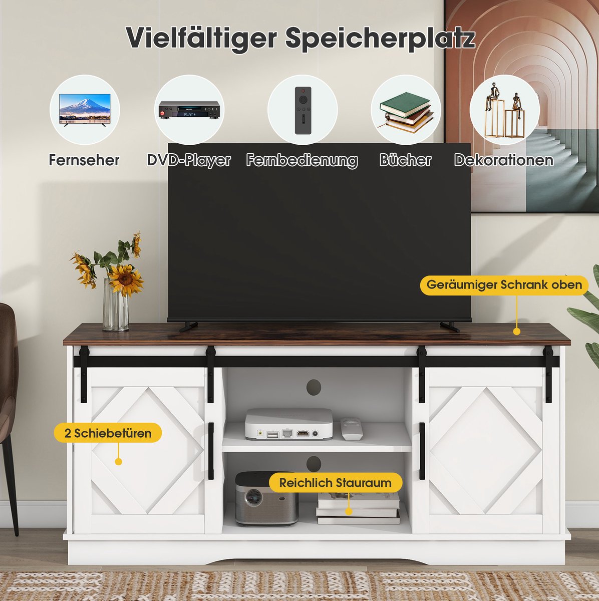 WUVRIE Tv-meubel 150 x 40 x 60 cm - 2 schuifdeuren en verstelbare planken - Wit/bruin