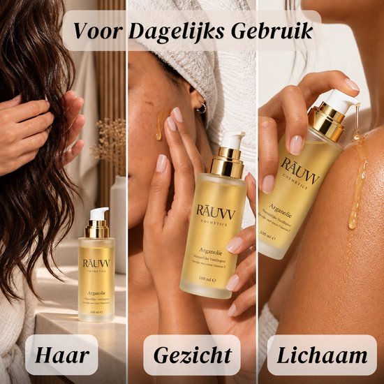 Collage: Haar, gezicht en lichaam behandeld met RĀUVV Arganolie. Text: Voor Dagelijks Gebruik.