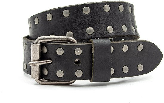 Zwarte leren kinderriem van 3,5 cm breed, bezet met zilverkleurige studs.