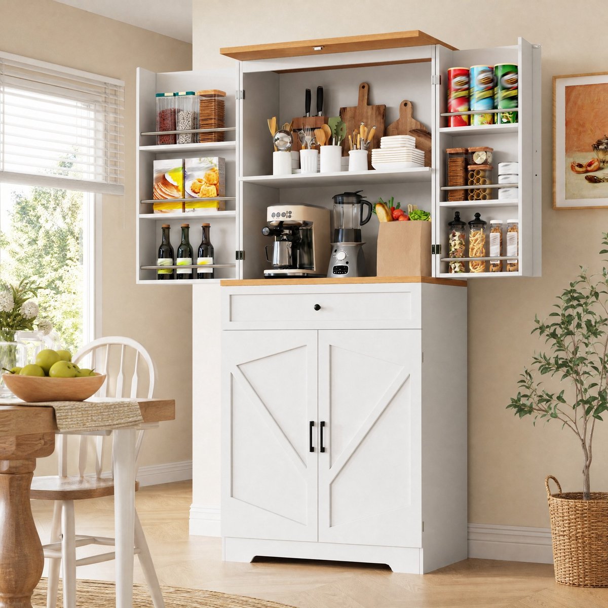 WUVRIE - Keukenkast 80x40x180 cm - Open vakken, deuren en lades - Wit met houtlook bovenblad