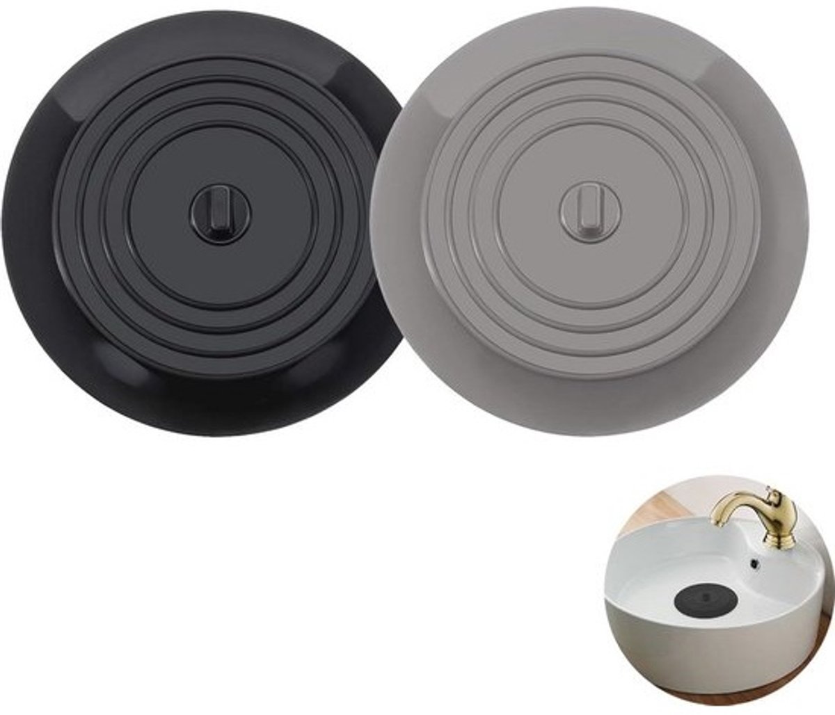 Set van 2 gootsteenstoppers - Universele afvoerstopper - voor keuken en badkamer - Zwart en lichtgrijs - 15 cm