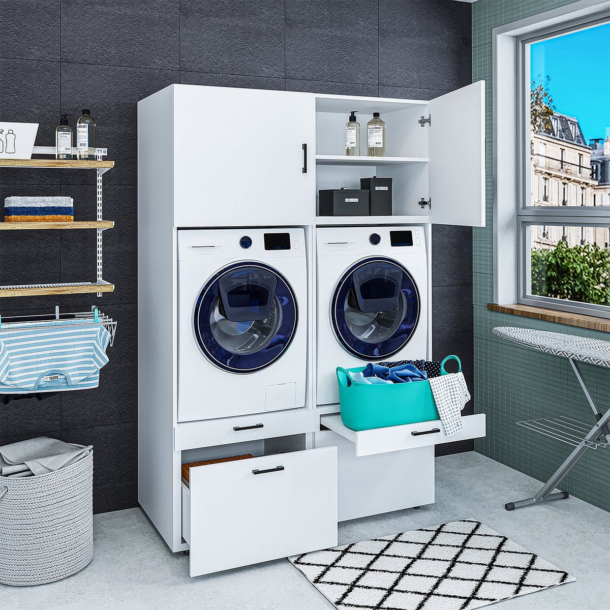 Roomart SERIE 2 Wasmachine Ombouwkast 134x205 cm - Dubbele Kast voor 2 Apparaten - Wit