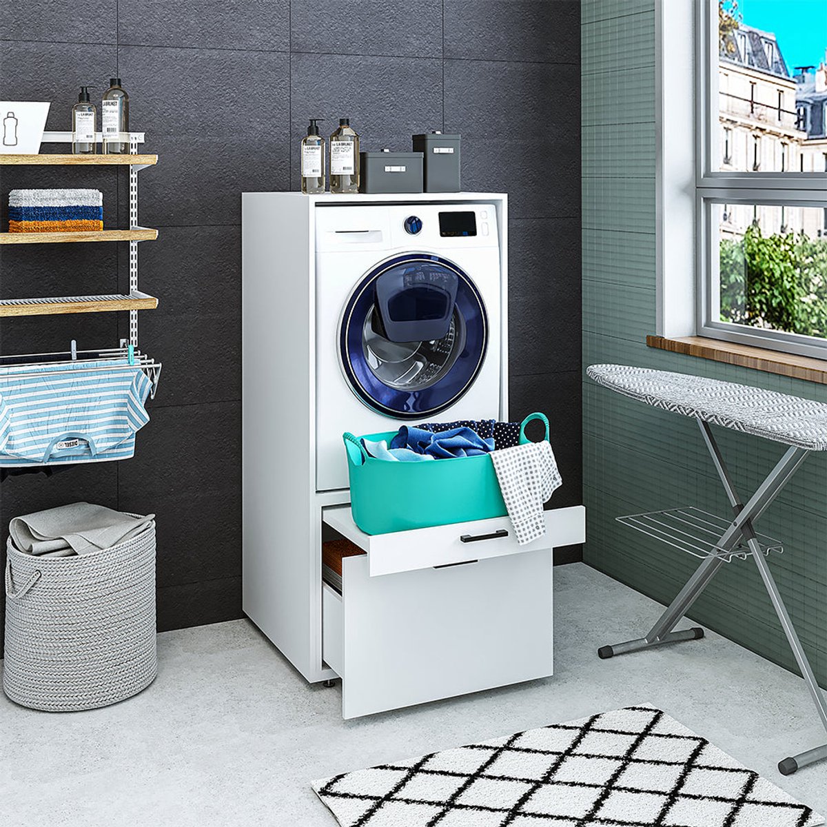 Roomart SERIE 2 Wasmachine Ombouwkast 67x145 cm - Uittrekblad en Lade - Wit