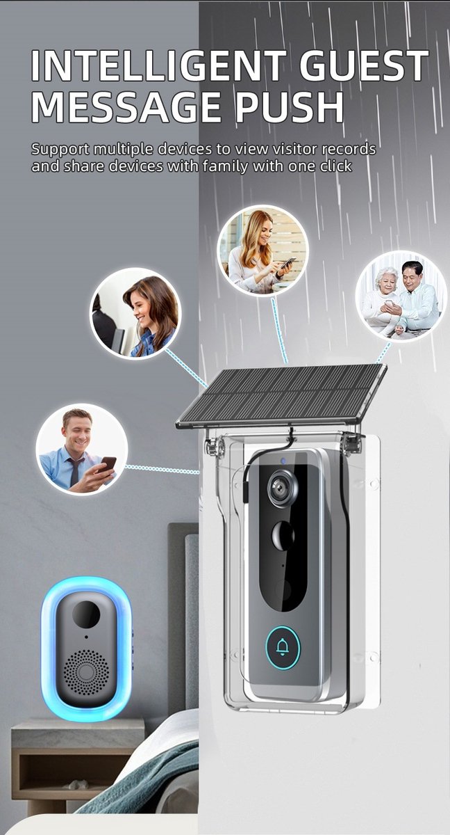 YAGXIG Draadloze videodeurbel – 2K HD-video – Tweewegaudio – Opladen via USB-C – Waterdicht – Nachtzicht – PIR-bewegingsdetectie – Zwart — afbeelding 3