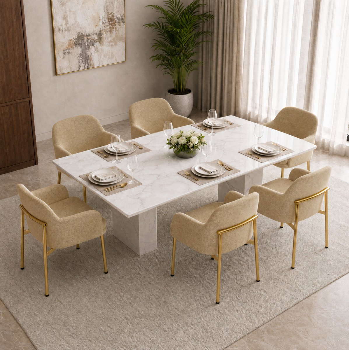 FloraGrace Eetkamerstoel Set Van 6 - Met Armleuningen En Verstelbare Voetdoppen - Voor Eetkamer En Keuken - Polyester En Metaal - Bruin Goud Beige