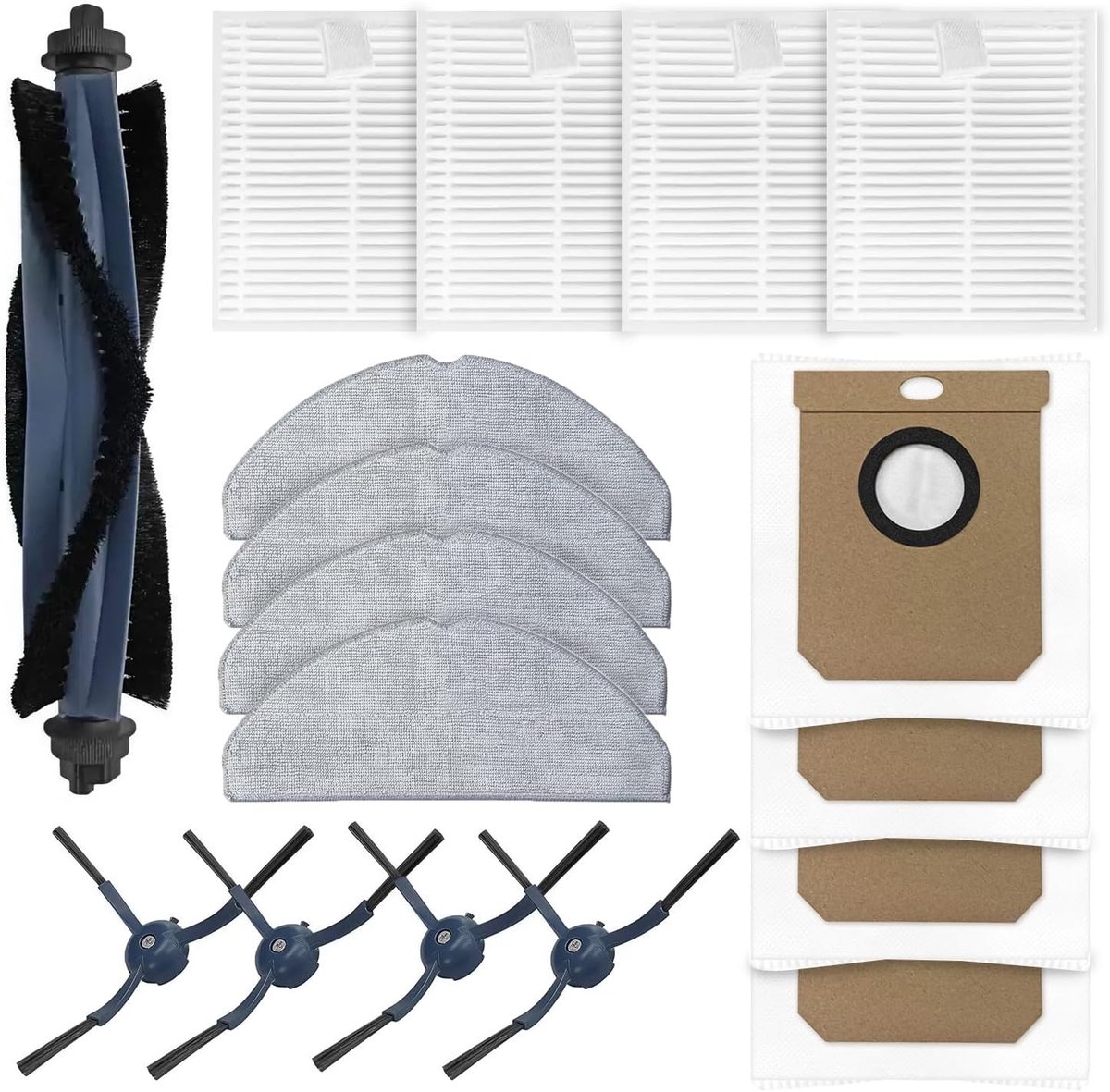 17-delige accessoireset geschikt voor Eufy G50 Hybrid / L60 Hybrid van: 1 hoofdborstel - 4 stofzakken - 4 dweilpads - 4 filters en 4 zijborstels