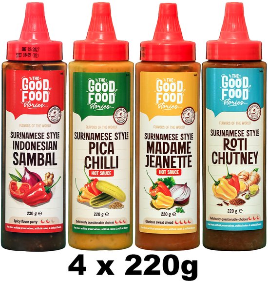 Vier flessen The Good Food Stories Surinaamse smaken: Sambal, Pica Chilli, Madame Jeanette en Roti Chutney.