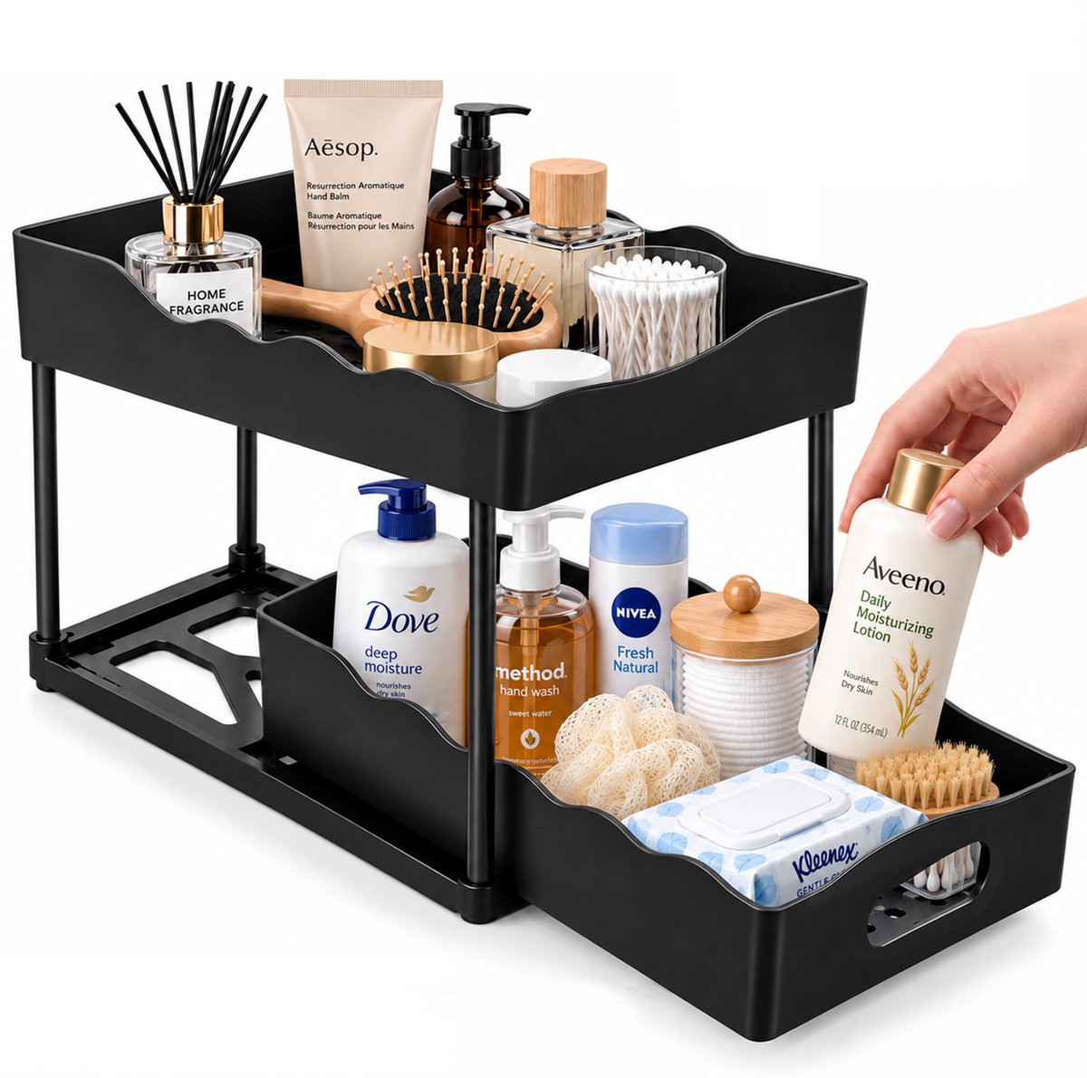 Gootsteenkast Organizer Uittrekbaar - 2-Lagen Onderbouw Organizer met Schuiflade voor Keuken en Badkamer - Waterdicht ABS met Stalen Frame - Zwart