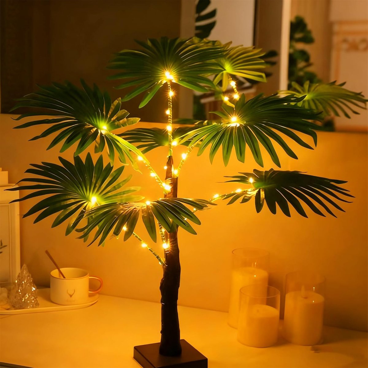 55 cm Met LED-Verlichting – Kunstmatige Kokosboom Van PVC – Creëert Een Dromerige Sfeer En Is Stabiel En Duurzaam – Voor Woonkamer, Slaapkamer En Eetkamer – Groen