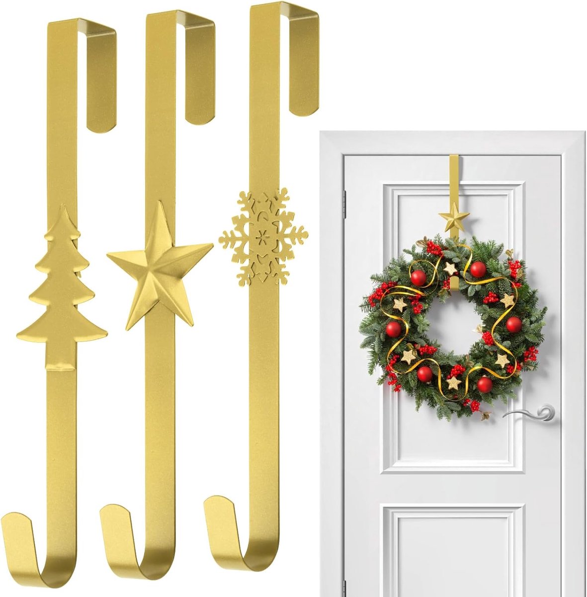 Haken - Haakjes - Kranshanger voor Voordeur - 38 cm - Metalen Over-de-Deur Haak - Met Sneeuwvlok, Ster en Kerstboom - Voor Kerst, Halloween en Pasen - Goud - 3 stuks