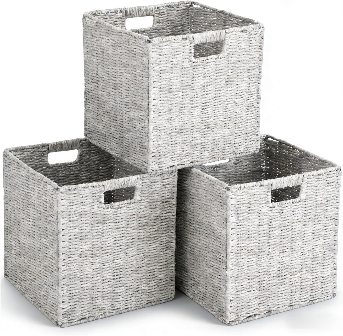 Set van 3 opbergmanden, gevlochten, opbergmand, rekmand, opvouwbaar, opbergdoos, grijs, 25 x 25 x 25 cm