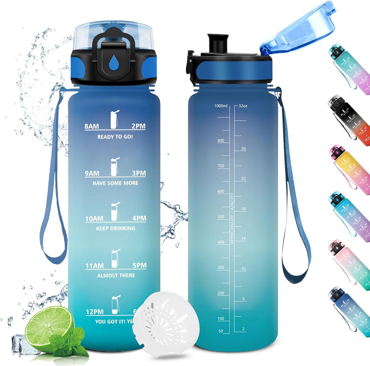 1 liter, waterfles met filter, motiverende tijdweergave, herbruikbaar, lekvrij, voor kinderen, sport, sportschool, school, fitnessstudio, kantoor, yoga