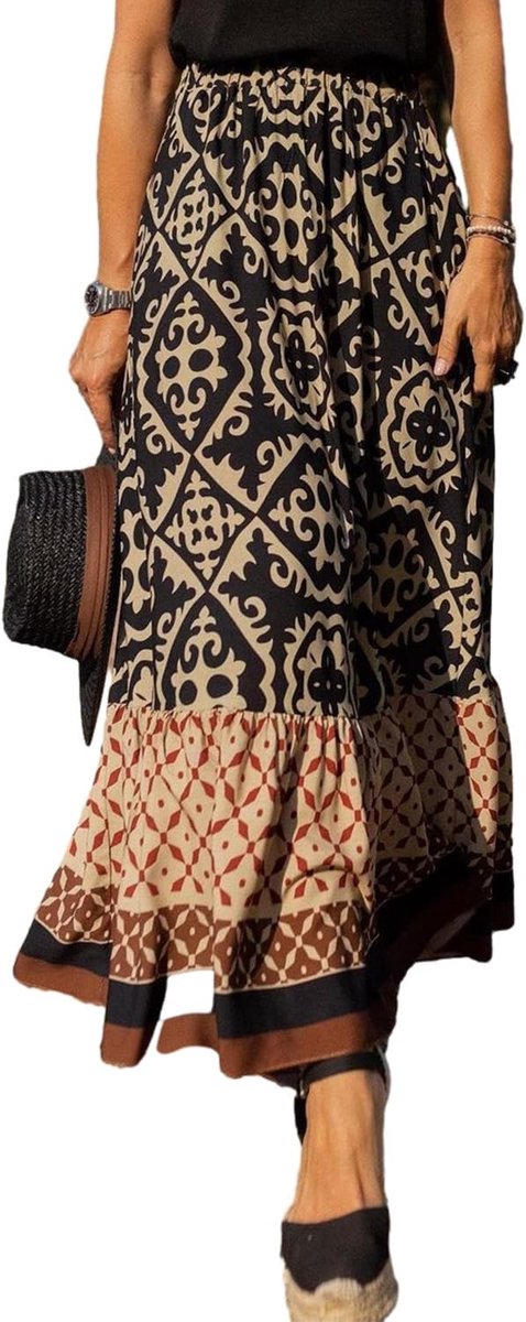 Maxirok voor dames, bedrukt, hoge taille, elastisch, casual, boho, bloemen, jurk, mouwloos, 2 in 1 rok