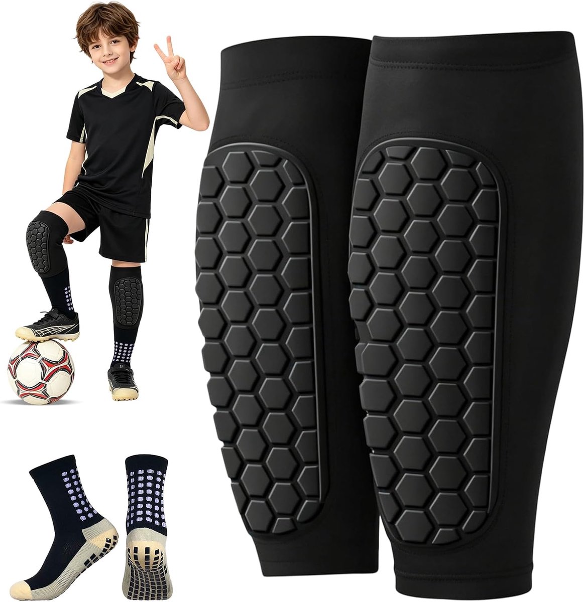 Scheenbeschermers voetbal kinderen set met anti-slip sokken, gewatteerde compressie beschermende mouwen ademend schokabsorberend voor training wedstrijd club jongens meisjes jongeren