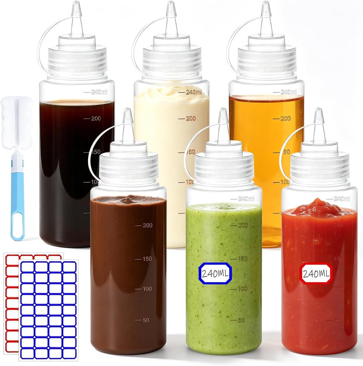 Doseerfles, knijpfles met doppen, 240 ml, 6 stuks, sausfles, BPA-vrij, voor drip cake, bakken, ketchup, scherpe, olijfolie specerijen flessen