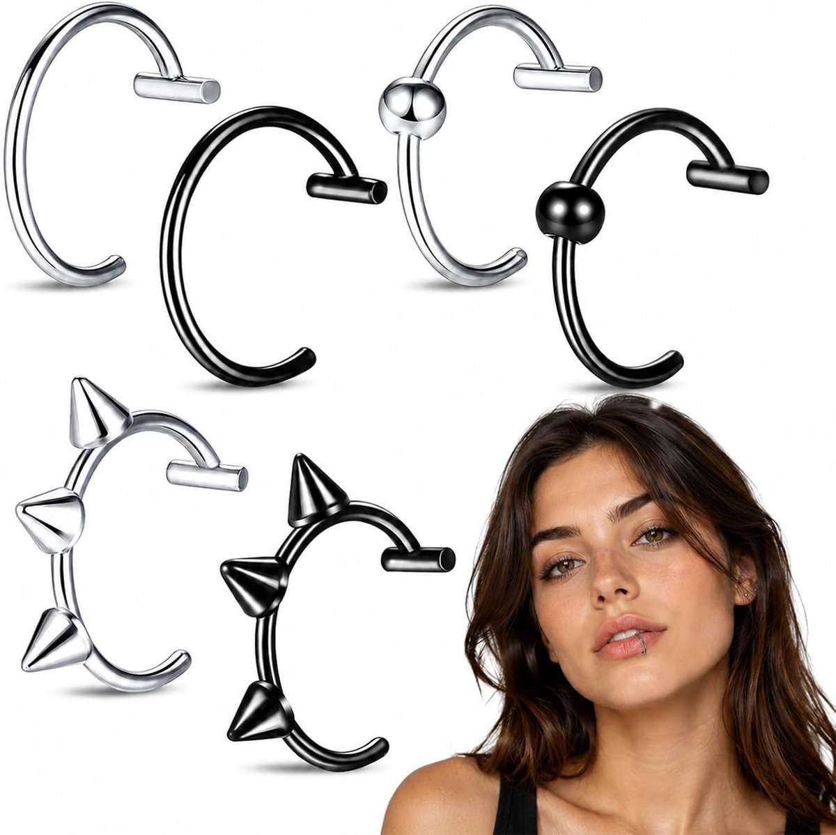 Set van 6 valse piercings zonder boren, lip- en neuspiercing, nep-piercing, neusring van roestvrij staal, ideaal voor verschillende stijlen, eenvoudig te dragen