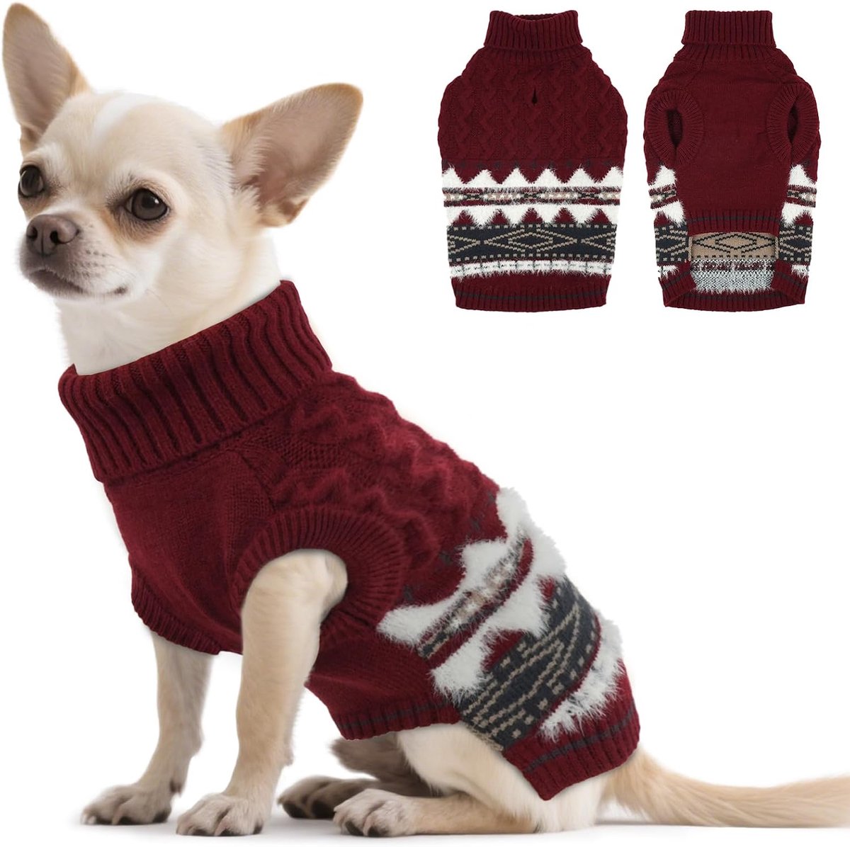 Hondentrui kleine honden - Fair Isle pullover hond met harnasopening, kersttrui, elastische hondentrui, wintertrui voor Chihuahua, Yorkshire, bessenrood, XS