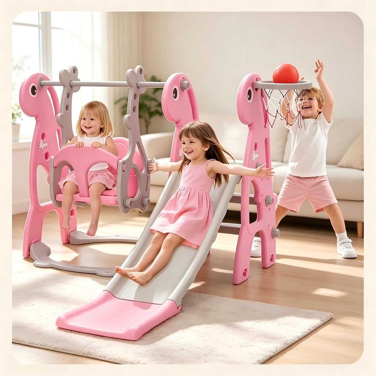 Set voor kleine kinderen, indoor babyglijbaan, klimvrijstaande speelset met basketbalbanden en in hoogte verstelbare schommel (roze)