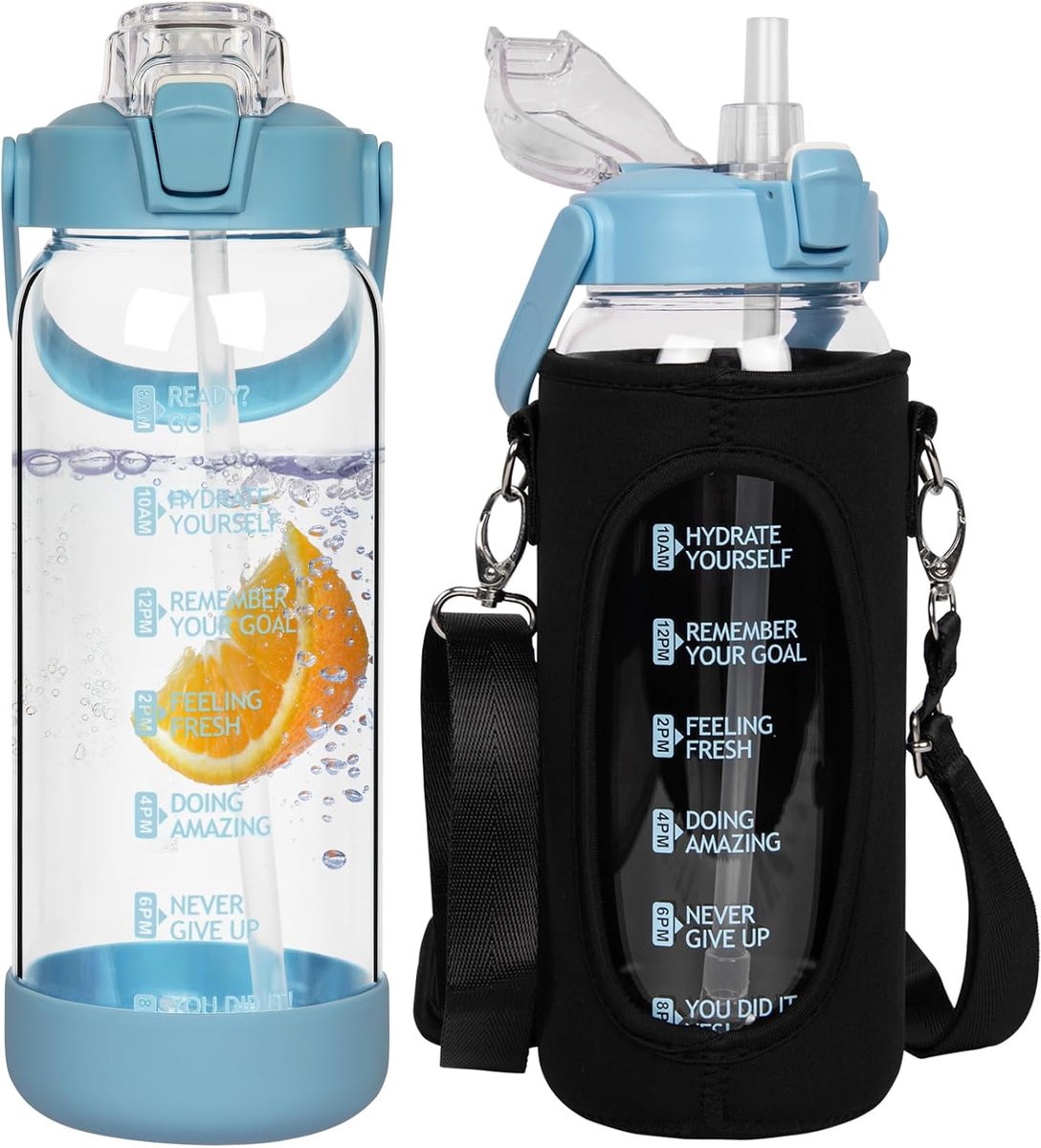 Waterfles van 1,5 l met rietje en motiverende tijdmarkeringen, 1,5 liter, grote lekvrije sportfles