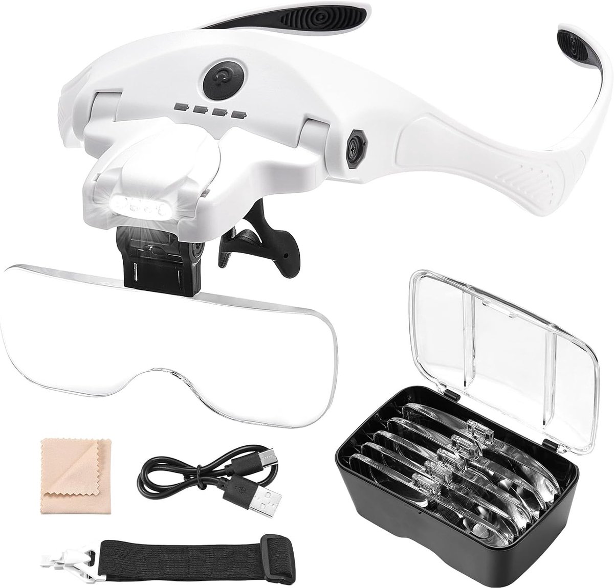 USB Oplaadbaar Vergrootglas met 4 Instelbare Helderheid LED Lampjes, Vergrootglas met 5 Afneembare Lenzen (1X-3.5X), Perfect voor Alle Precisiewerkzaamheden Navulbare LOUPE lunette